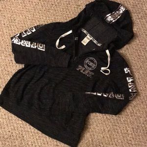 VS Pink Sequined Quarter Zip Hooded Sweatshirt